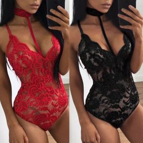 Fashion Women Sheer Lace Floral Leotard Tops Backless Jumpsuit Sexy Lingerie Dress Neck Choker Bodysuit (Color: Black, size: S)