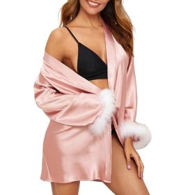 Women's Silky Kimono Robes with Fluff Bridesmaid Bride Satin Bathrobe (Color: PinkXXL)