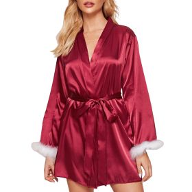 Women's Silky Kimono Robes with Fluff Bridesmaid Bride Satin Bathrobe (Color: RedS)