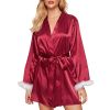 Women's Silky Kimono Robes with Fluff Bridesmaid Bride Satin Bathrobe